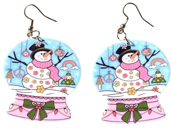 Groovy Snow Globes Retro Snowman Peace Disco & Flowers Earrings
